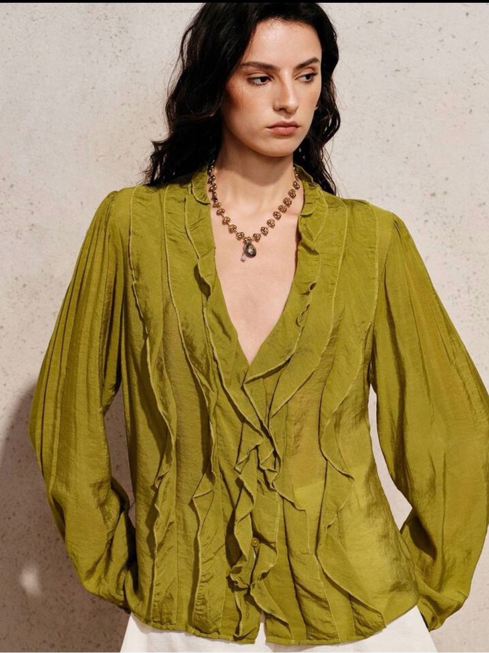 MODICHIC Olive Green Ruffle V-Neck Blouse - Picture 7 of 8